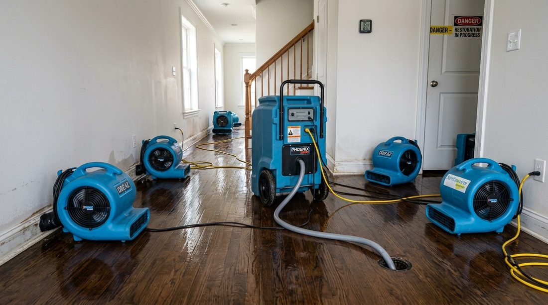 Commercial Industrial Water Damage Drying Equipment Deployed on Hardwood Floor